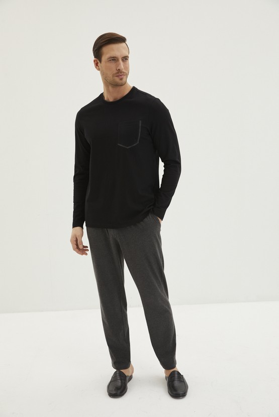 Erkek Giyim - 3'lü Triko Roblu Kontrast Yaka Pijama Takımı