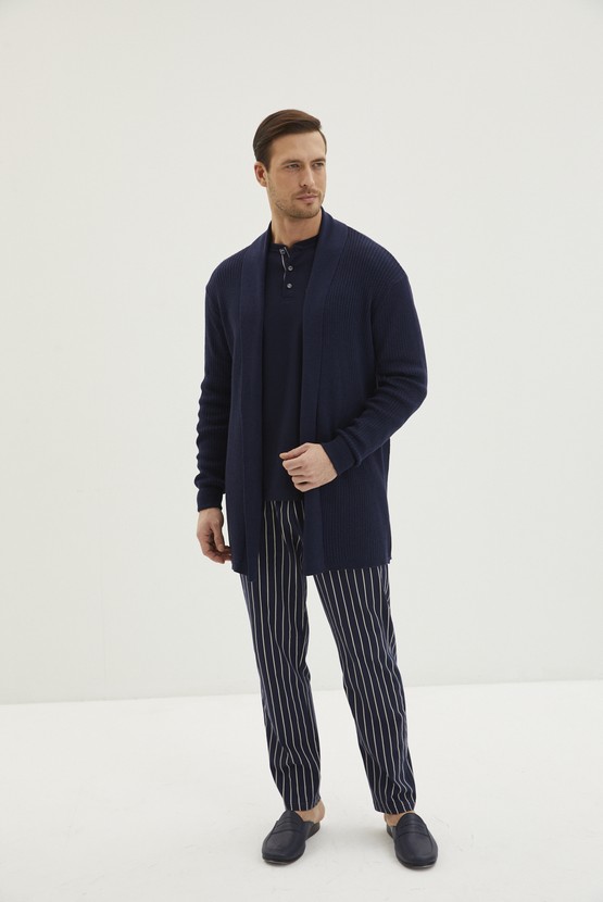 Erkek Giyim - 3'lü Klasik Patlı Çizgili Triko Roblu Pijama Takımı