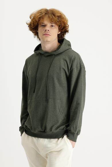 Erkek Giyim - ORTA HAKİ XXL Beden Kapüşonlu Oversize Pamuklu Sweatshirt
