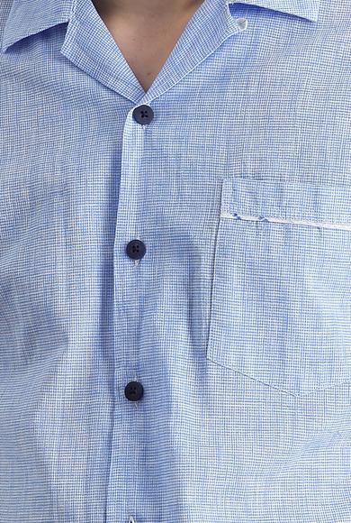 Erkek Giyim - AÇIK MAVİ L Beden Kısa Kol Slim Fit Desenli Pamuk Gömlek