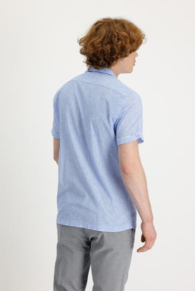 Erkek Giyim - AÇIK MAVİ L Beden Kısa Kol Slim Fit Desenli Pamuk Gömlek