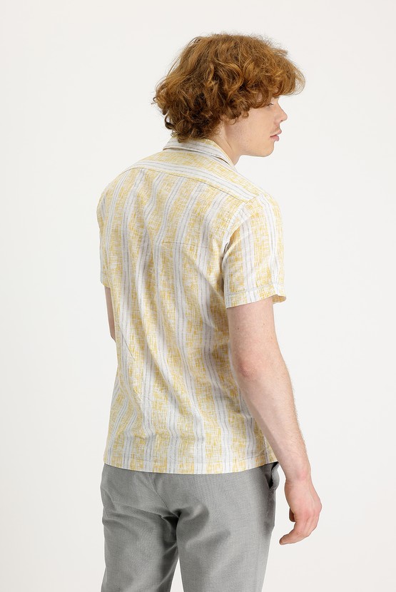 Erkek Giyim - Kısa Kol Slim Fit Dar Kesim Baskılı Pamuk Gömlek