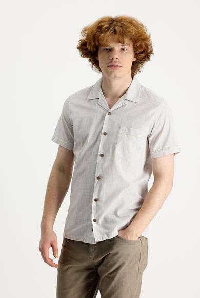 Erkek Giyim - AÇIK BEJ M Beden Kısa Kol Slim Fit Dar Kesim Desenli Pamuk Gömlek