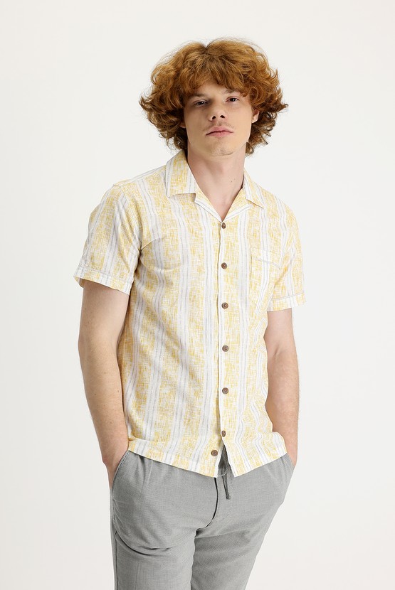 Erkek Giyim - Kısa Kol Slim Fit Dar Kesim Baskılı Pamuk Gömlek