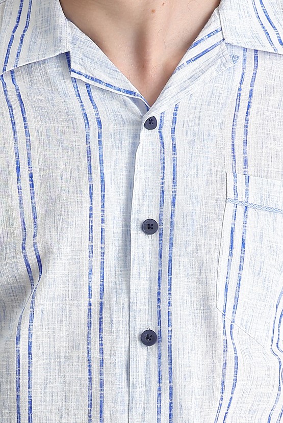 Erkek Giyim - Kısa Kol Slim Fit Baskılı Pamuk Gömlek