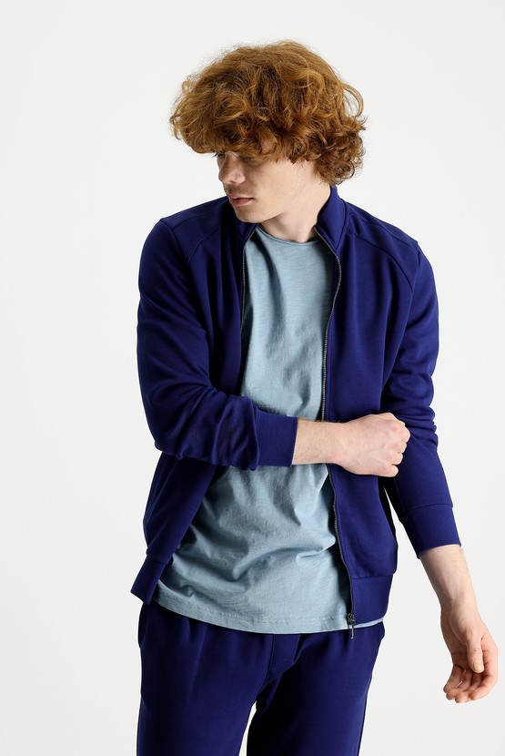Erkek Giyim - Dik Yaka Slim Fit Dar Kesim Fermuarlı Pamuklu Sweatshirt