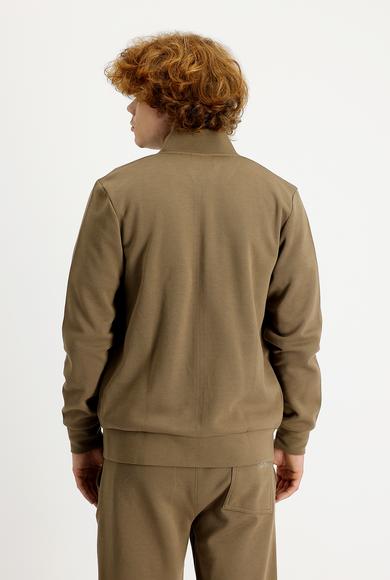 Erkek Giyim - KOYU BEJ XL Beden Dik Yaka Slim Fit Dar Kesim Fermuarlı Pamuklu Sweatshirt
