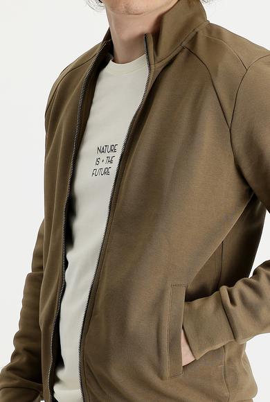 Erkek Giyim - KOYU BEJ XL Beden Dik Yaka Slim Fit Dar Kesim Fermuarlı Pamuklu Sweatshirt