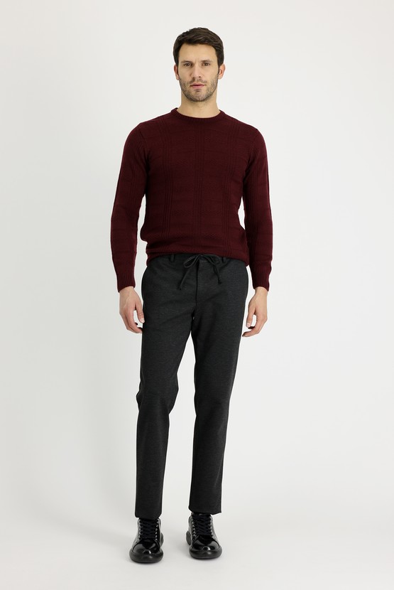 Erkek Giyim - Slim Fit Beli Lastikli İpli Desenli Klasik Pantolon