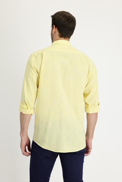 Erkek Giyim - AÇIK SARI L Beden Uzun Kol Regular Fit Desenli Keten Gömlek