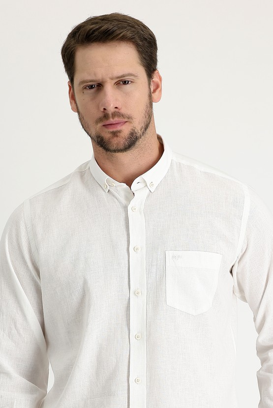 Erkek Giyim - Uzun Kol Regular Fit Desenli Keten Pamuklu Gömlek