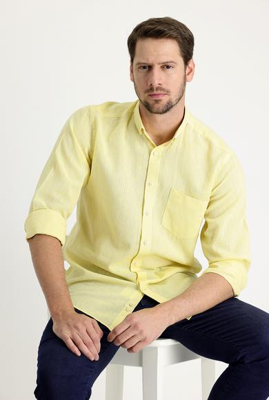 Erkek Giyim - AÇIK SARI L Beden Uzun Kol Regular Fit Desenli Keten Gömlek