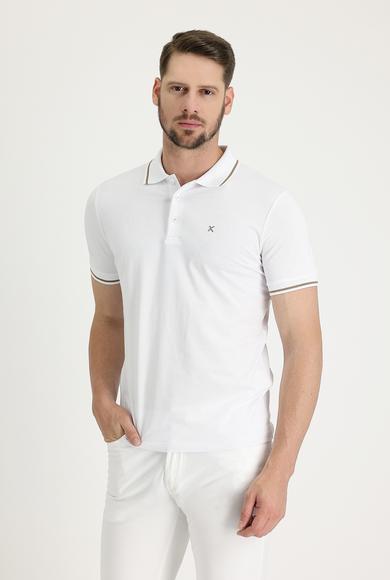 Erkek Giyim - BEYAZ L Beden Polo Yaka Slim Fit Nakışlı Pamuklu Süprem Tişört