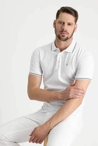 Erkek Giyim - BEYAZ L Beden Polo Yaka Slim Fit Nakışlı Pamuklu Süprem Tişört