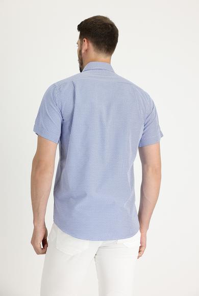 Erkek Giyim - SAKS MAVİ XL Beden Kısa Kol Regular Fit Ekose Pamuklu Gömlek
