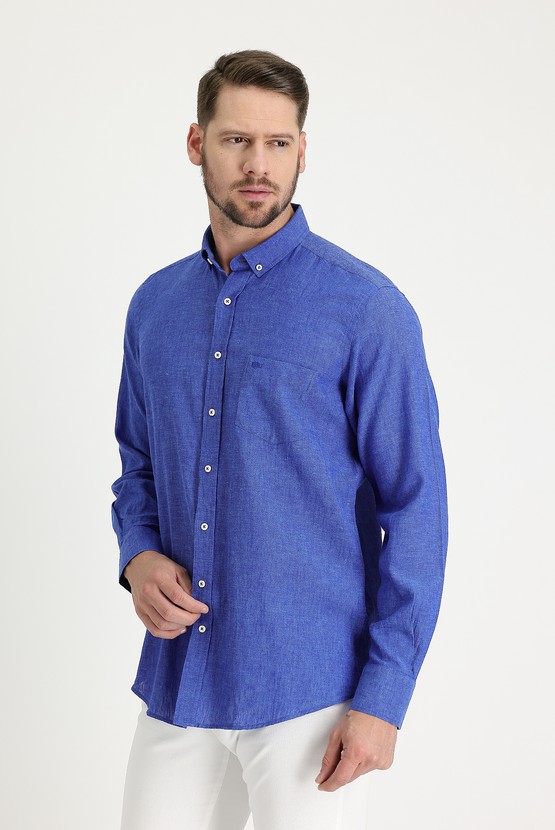 Erkek Giyim - Uzun Kol Regular Fit Desenli Keten Pamuklu Gömlek