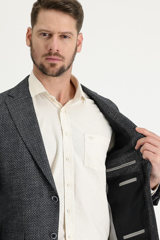 Erkek Giyim - Relax Fit Rahat Kesim Desenli Keten Ceket