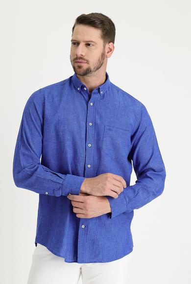 Erkek Giyim - SAKS MAVİ M Beden Uzun Kol Regular Fit Desenli Keten Pamuklu Gömlek