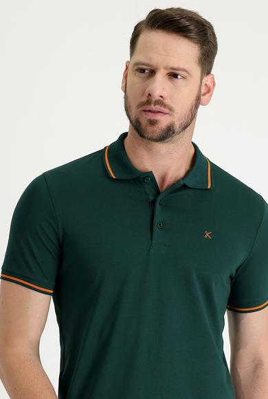 Erkek Giyim - KOYU YEŞİL XXL Beden Polo Yaka Slim Fit Nakışlı Süprem Pamuklu Tişört