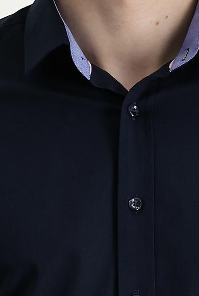Erkek Giyim - KOYU LACİVERT XL Beden Uzun Kol Slim Fit Pamuk Gömlek