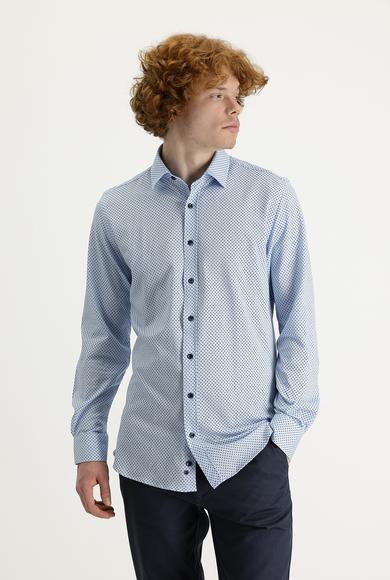 Erkek Giyim - AÇIK MAVİ M Beden Uzun Kol Slim Fit Dar Kesim Desenli Pamuk Gömlek