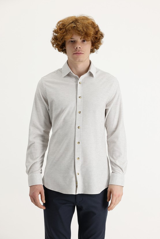 Erkek Giyim - Uzun Kol Slim Fit Desenli Örme Gömlek