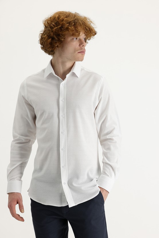 Erkek Giyim - Uzun Kol Slim Fit Dar Kesim Desenli Örme Pamuk Gömlek