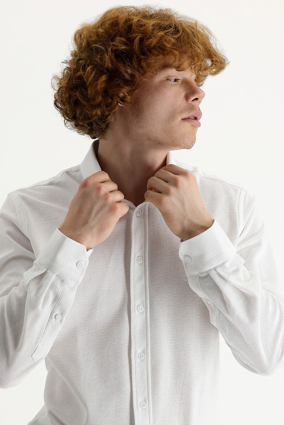 Erkek Giyim - Uzun Kol Slim Fit Desenli Örme %100 Pamuk Gömlek