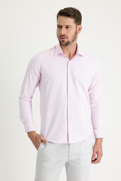 Erkek Giyim - PEMBE S Beden Uzun Kol Slim Fit Klasik Desenli Pamuklu Gömlek
