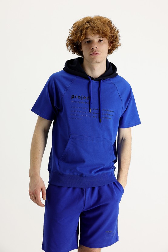 Erkek Giyim - Kapüşonlu Yarım Kol Baskılı Pamuklu Sweatshirt