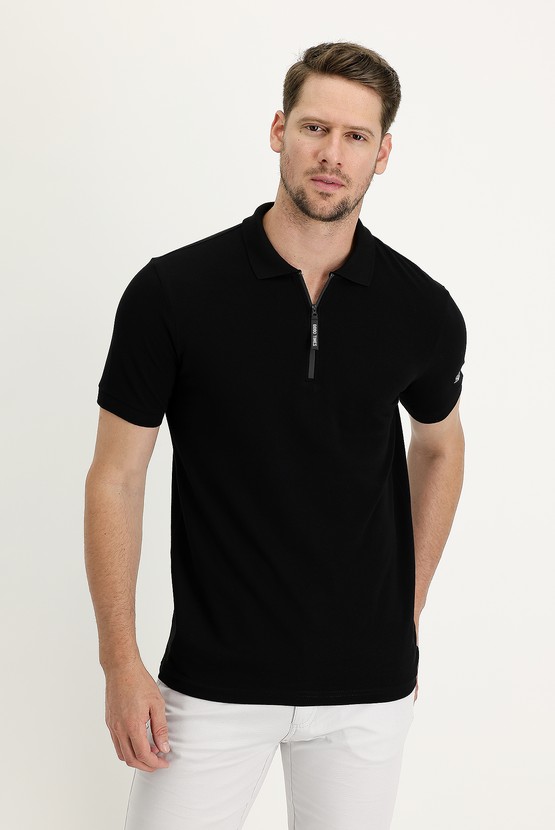 Erkek Giyim - Polo Yaka Slim Fit Dar Kesim Fermuarlı Baskılı Pamuk Tişört