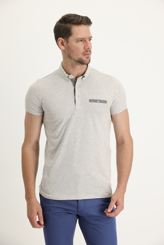 Erkek Giyim - Polo Yaka Slim Fit Dar Kesim Pamuklu Tişört