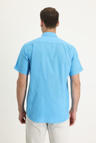 Erkek Giyim - AÇIK TURKUAZ L Beden Kısa Kol Regular Fit Pamuk Gömlek