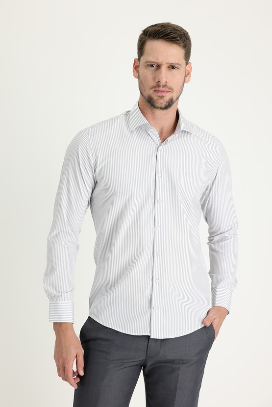 Erkek Giyim - Uzun Kol Slim Fit Dar Kesim Klasik Çizgili Gömlek