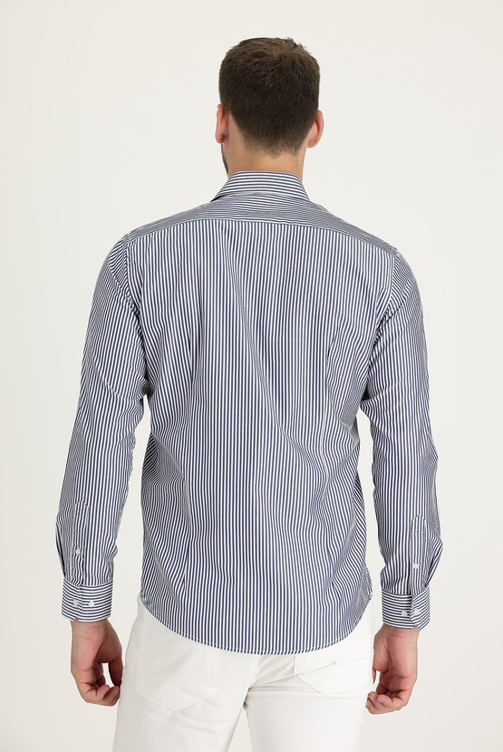 Erkek Giyim - Uzun Kol Slim Fit Dar Kesim Klasik Çizgili Gömlek