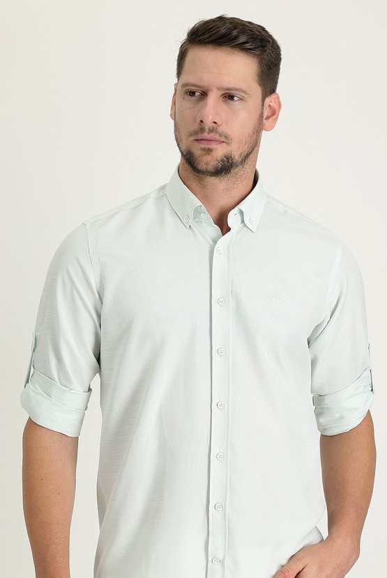Erkek Giyim - Uzun Kol Relax Fit Rahat Kesim Keten Görünümlü Gömlek
