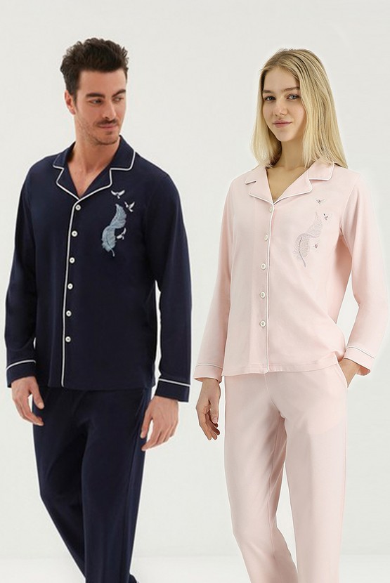 Erkek Giyim - Kadın & Erkek Feather Nakışlı Çeyizlik Pamuk 4’lü Pijama Seti
