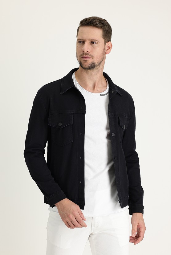 Erkek Giyim - Slim Fit Denim Kot Pamuklu Ceket