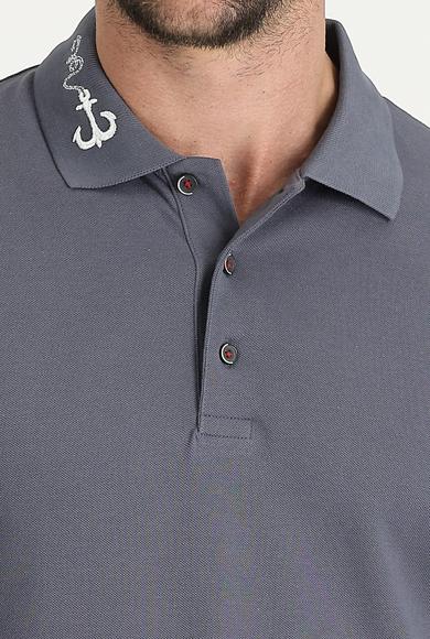 Erkek Giyim - ORTA GRİ 3X Beden Polo Yaka Desenli Pamuk Tişört