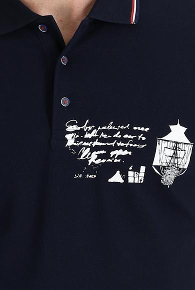 Erkek Giyim - ORTA LACİVERT S Beden Polo Yaka Desenli Pamuk Tişört