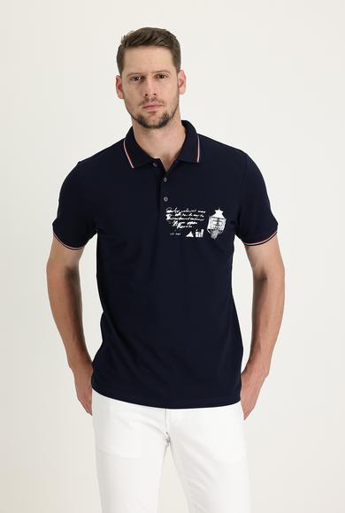 Erkek Giyim - ORTA LACİVERT S Beden Polo Yaka Desenli Pamuk Tişört