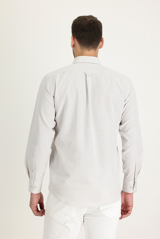 Erkek Giyim - Uzun Kol Relax Fit Rahat Kesim Keten Görünümlü Pamuklu Gömlek