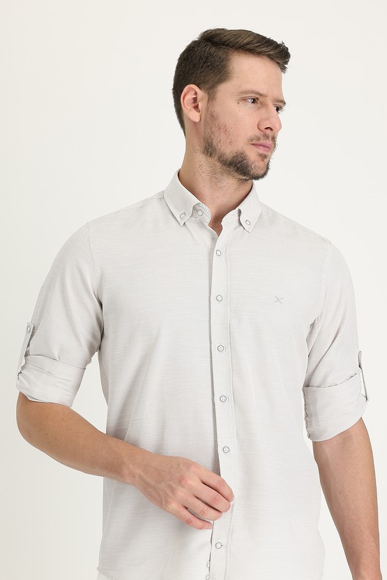 Erkek Giyim - Uzun Kol Relax Fit Rahat Kesim Keten Görünümlü Pamuklu Gömlek