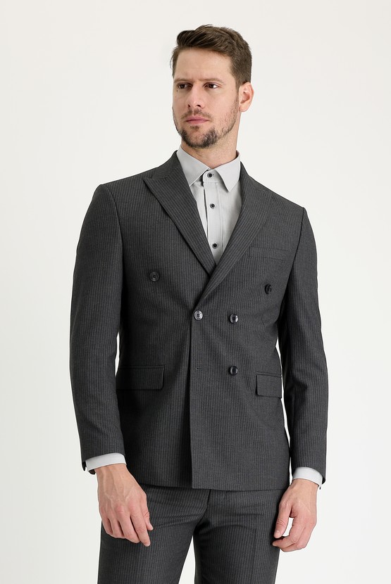 Erkek Giyim - Slim Fit Çizgili Kruvaze Takım Elbise