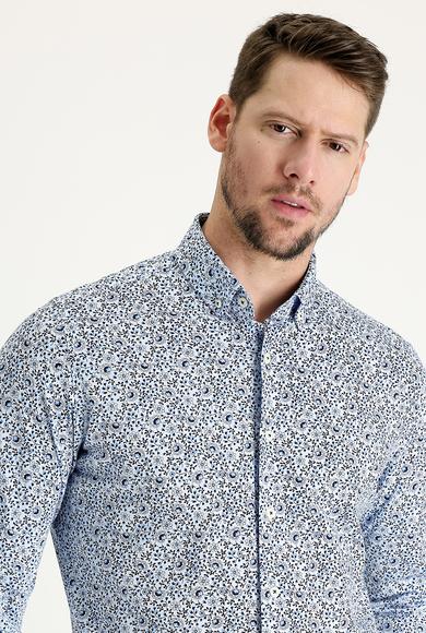 Erkek Giyim - AÇIK MAVİ XS Beden Uzun Kol Slim Fit Baskılı Pamuk Gömlek