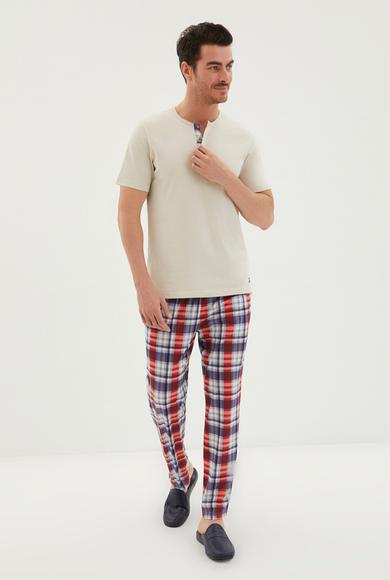 Erkek Giyim - ORTA BEJ XXL Beden 3'lü Ekose Desen Boxer Şort Pamuk Pijama Takımı
