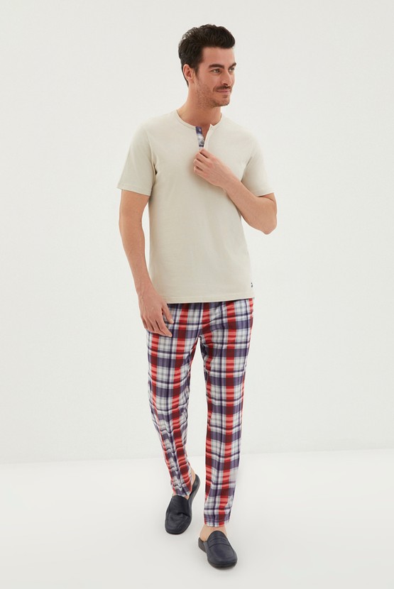 Erkek Giyim - 3'lü Ekose Desen Boxer Şort Pamuk Pijama Takımı