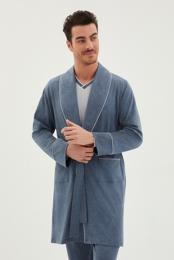 Erkek Giyim - Penye Roblu Çift V Yaka Omuzda Zincir Dikişli 3'lü Pijama Takımı