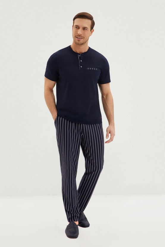Erkek Giyim - Kısa Kollu Patlı Çizgili 2'li Pamuk Pijama Takımı