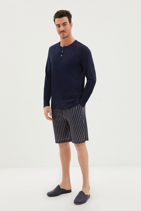 Erkek Giyim - Patlı Yaka Çizgili 3'lü Pamuk Pijama Takımı